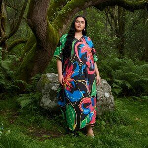 Gypsie Blu Digital Tropical Floral Printed Caftan Dress Stylish Plus Size Maxi